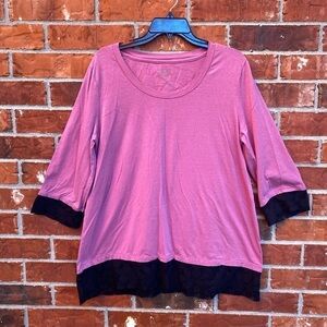 LOGO Lori Goldstein Womens Large Pink Black Lace Trim Instant Chic Tunic Top